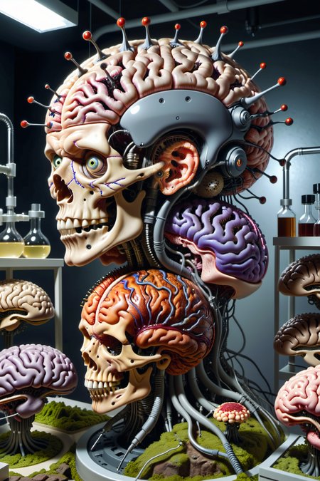 An (extremely detailed:1),vast,weird,chaotic dream landscape of crazy (genetically engineered) brains in a research lab. (hyper-realistic),(overwhelmingly captivating),real intricately elaborate and (insanely strange:1.0) brain alteration with (incredibly absurd:1.0) brain anatomy. Random (Occult Chaos:1) brain nonsense. Hyper-detailed Photography,, Ultra-HD-details