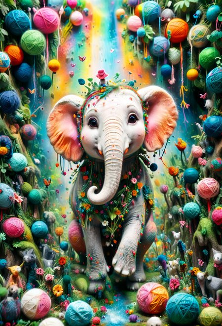 <lora:Yarnworld:1> cute, colorful, vivid and whimsical, imaginative, surreal fantasy,  An epic image of yrnwrld Elephant in the Jungle((dynamic angle, dynamic view,dynamic pose)), blurred background, 
<lora:add-detail-xl:1> ,  <lora:aidmaImageUpgraderSDXL-v0.3:0.75> aidmaimageupgrader,   <lora:xl_more_art-full_v1:1>,