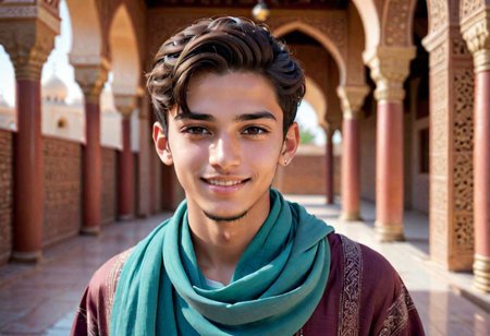 1guy,  muslim guy, detailed muslim face, partially smile, huge bulged, cute handsome face, 21yo, His skin reflecting the light, wearing a colored muslim cloth, high detailed, high quality, 8K Ultra HD, full body shot, twink body, (( islamic culture center )), slim young body,