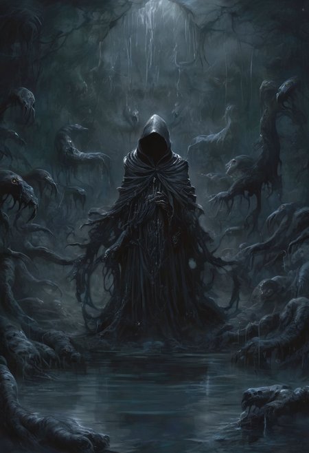 Dark Fantasy page, a figure who seems to meld with the shadows, swathed in an endless black cloak with a hood, levitates over a pool of inky water with writhing tentacles with mouths. the figure exudes an air of mystery and forbearance. the image, whether painted or digitally rendered, captures the anomaly and maleficence of the character with vivid detail, high contrast, deep shadows, blue accent, blue glow, <lora:EpicF4nta5yXL:0.8>