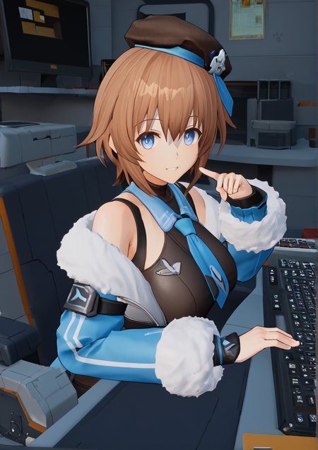 1girl, blanc (neptunia), huge breast, 3d, bare shoulders, blue eyes, brown hair, computer, desk, fur trim, hat, looking at viewer, short hair, smile, solo, zPDXL3  <lora:Girls_Frontline_2_Exiliumå°å¥³åçº¿2è¿½æ¾_3d_game_style:1>