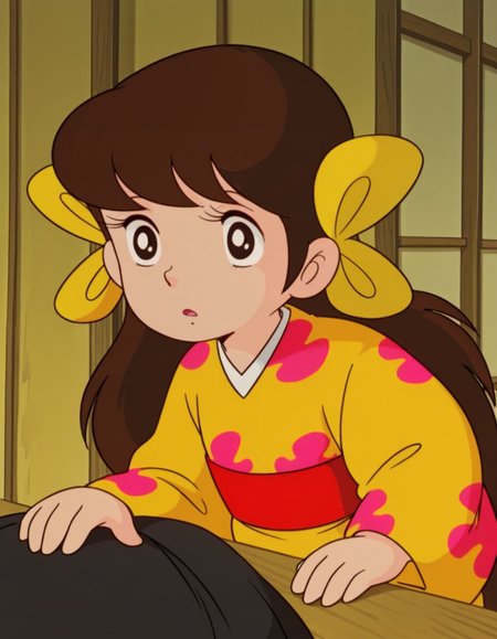 masterpiece, best quality, 
<lora:Sakura:1>, saku4a, long hair, brown hair, black eyes, yellow kimono, multiple hair bows, 1980s \(style\),