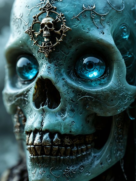 A magical, highly detailed close-up of lich with glass skull, with intricate engravings of mystical symbols, with a faint blue mist seeping out of its eyeholes , The atmosphere is enchanting, as though the scene is on the verge of an extraordinary, magical event.   <lora:DetailMaximizer:0.7> <lora:MJ52:0.7>