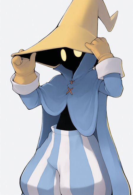 masterpiece, best quality, solo, 1boy, looking at viewer,  <lora:Yasuda-Suzuhito-illus_Fp:1>, <lora:Ziggy-illus_Fp:1>, ziggy, yellow eyes, shaded face, faceless, no mouth, wizard hat, striped pants, cloak, robe, gloves, puffy pants, adjusting headwear, white background,