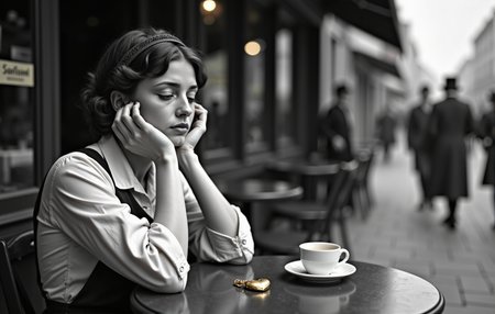 monochrome black and white image 1910's street a young woman sits at a table outside a cafe in typical 1910's attire, on the table is a small golden heart shaped locket laying flat on the table and next to it  a cup of coffee, her elbows on the table and resting her head in her hands as she looks down at the heart shaped locket on the table with a sad facial expression, the only object with color in the entire image<lora:KFT_HLA_V2_FLUX.safetensors:0.5:0.5>