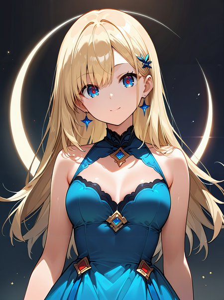 masterpiece, best quality, newest, absurdres, highres, safe,cute face,clean skin ,shiny hair,ultra-detailed-eyes,moon background,cute girl,blonde hair,long hair,straight hair,shiny blue eyes,red pupils,smile,dress,