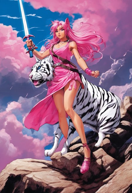 Duo, 1girl, Pink_PonyXL, ((sleeveless dress, white tiger print dress)), pelvic curtain, cleavage, ((white tiger tail)), red sash, ((white cat ears)), medium breasts, ((pink hair, long hair)), sweet smile, wide eyes, single fang showing, Break 1boy, ((link, blonde hair,blue eyes,pointy ears, low ponytail, sidelocks, wearing blue hyilian tunic)), Break, pink standing in fighting pose on a rocky hill, holding a broadsword to the sky, link posing as he looks at pink, storm clouds on the horizon, lightning strike, (((text, bold poster text reading "The Adventure of Pink", text above her))), box_art_frenzy, 1980s Nintendo box cover art, video game,