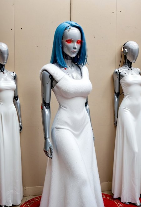A 35mm photo a woman, she is a humanoid robots , robotic body, vibrant green robotic eyes, freckles, smooth featureless silver grey robotic skin, robotic aerials, metallic dark blue hair, elegant red Christmas satin dress with white fur trim, 
mannequin, faceless, egghead, noface, cyborg, TheFaceLess