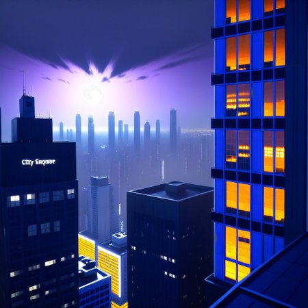 Night, view around window of upper floor skyscraper. dark-orange cloud lumened by city, bright moon, dark-gray-purple sky, sky scrapers with white frequent square windows; shades of skyscraper windows: light blue, The roofs of skyscrapers are dark squares or illuminated with a dim blue border,