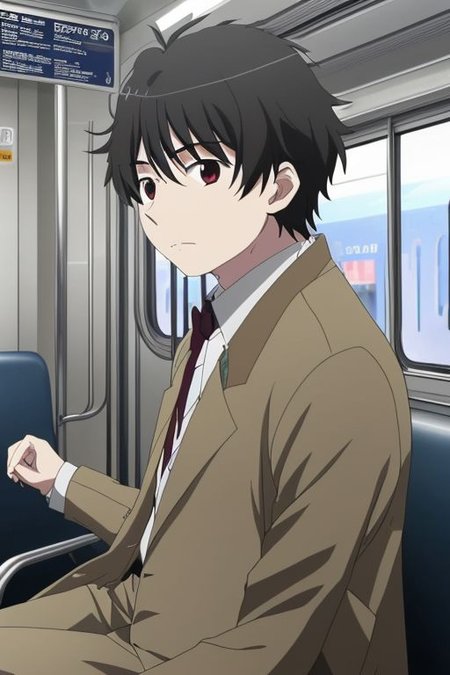 high resolution, solo, best quality, 1Boy, Inaho Kaizuka, Black Hair, train, inside train, OverallDetail