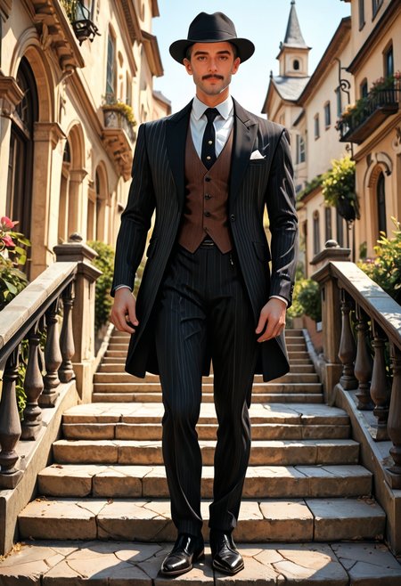 <lora:WAD:1> wad, 1man, realistic, looking at viewer, (full body photo:1, 5), male focus, solo,
(exquisite full-length photographic portrait of elegant handsome mature man with a pencil moustache dressed in fashionable black striped European muslin suit of 1930s era, jacket, waistcoat, black tie with white polka dots, black fedora hat, spectator shoes, in the latest fashion of the 1930s:1.3),
calm confident direct gaze, slight smile, looking at viewer, captivating brown eyes, vintage elegance,
standing on wide stone stairs with huge stone building in the style of Classicism of the early 20th century in the background,
art deco architecture, detailed costumes of the era,
bright sunny day, calm and happy mood, soft lighting natural daylight,
high detail, intricate details, clear sharp focus, clear precise edges, clear smallest details, realistic, expressiveh, realistic photo, DSLR, high quality, masterpiece, cinematic photography,
 <lora:detailed_notrigger:0.7> <lora:xl_more_art-full_v1:0.2>