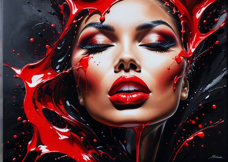 (acrylic painting:1.1), ((Lips with lipstick like liquid shiny red paint)), flowing, dripping, tempting shot, light skin, black background, highly detailed, glamour, (only uses 256 different shades in total), (brush strokes:0.6), high contrast, (paint drips:0.5), stark, (dripping paint0.5), (splatters:0.5), (dramatic:0.4), (photorealistic:0.2), <lora:paintmgc:0.5> paintmgc, red paint,
 <lora:MS_AcrylicArt_V1_SDXL:0.8> acrylic_painting, painting, brush strokes, paint drops, paint splatter