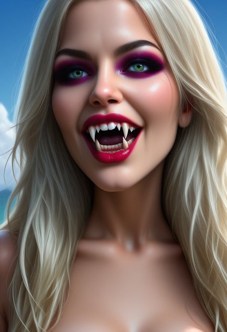 concept art, realistic, 1girl, ((solo:1.8)), 18 years old.
Gorgeous sexy female. Beautiful feminine face, 
Sexy makeup, VampFang, Fangs. Long Fangs