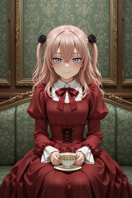 masterpiece, best quality, amazing quality, 1girl, solo, makeup, general, looking at viewer, blush, cowboy shot, smile, indoors, fancy, blush, lovely, sitting, mansion, living room, tea time, holding tea cup, looking at viewer, <lora:sajuna-inui-s1-illustriousxl-lora-nochekaiser:1>, sajuna inui, inui sajuna, long hair, bangs, hair ornament, hair between eyes, pink hair, pink eyes, two side up, crossed bangs, black flower, black rose, mature female, small breasts, <lora:Victorian_Whim_Velvet_Dress:1>, Victorian_Whim_Velvet_Dress, long dress, red dress, puffy long sleeves, juliet sleeves, frills, red bow, red ribbon, floral print, cross-laced clothes, corset, <lora:wai-2Rectified-V140:1>, <lora:illustrious_noobai_epsilon_pred_1_masterpieces_v1:1>