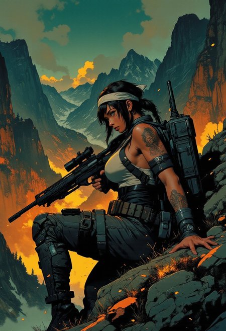 In the style of ff-td, nistyle, Silhouette Art, magnificent, crisp lines, closeup portrait of stunning mercenary, mountain top, overlooking a huge valley, beautiful girl, breasts, curvy, looking at viewer, laying on the ground, aiming a sniper rifle, dark braided hair, backwards hat, armor, sleeveless, arm sleeve tattoos, muscle tone, dogtags, sweaty, foreshortening, depth of field, at night, night, 
Closeup, detailed face, freckles,