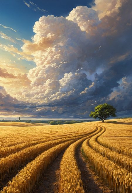 Artwork, anime, cyberpunk,  Vibrant Sharp style. A lone dirt path winds through an endless field of golden wheat, leading toward the distant horizon where the sky erupts in a symphony of billowing clouds. Towering formations of cumulus clouds dominate the sky, painted in striking shades of white and deep blue, their voluminous textures masterfully rendered to create depth and movement. Streaks of light pierce through the atmosphere, illuminating patches of the golden field below, highlighting the intricate details of individual wheat stalks swaying in the wind. The perspective draws the viewer's eye toward the vanishing point, creating a sense of vastness and endless possibility. Rendered in a highly detailed, anime-inspired semi-realistic style, this composition captures the breathtaking majesty of an open landscape, where the sky and earth converge in a display of nature's raw beauty.
