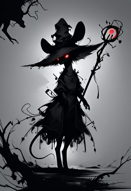 score_9,score_8_up,score_7_up,score_6_up,score_5_up,score_4_up, (((red))), backlight colors, (silhouette:2), backlighting, glowing red eyes, high contrast, vivid lighting, (((mouse))), (solo), (solo:2), furry, (feral:1.5), swamp, dress, witch hat, (holding magic staff:1.2), monochromemuse, monochrome, greyscale, rinotuna, dark aura