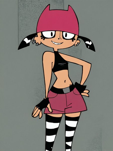 <lora:TiffPony1.0:1> tiff, 1girl, black hair, mascara, ear piercing, short hair, short twintails, solo, smile, pink cat hat, black eyes, black crop top, black fingerless gloves, navel, pink shorts, striped thighhighs, standing, looking at viewer, score_9, score_8_up, score_7_up, score_6_up, score_5_up, score_4_up,flat chest, covered nipples,