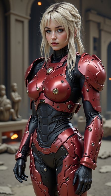 candid full body studio-quality shot of a white woman clad in Warhammer 40k-inspired power armor—crimson and black plating with gold trim accents, brutalist shaping, shoulder pauldrons with gothic etching, vented back unit, matte black undersuit with mechanical ribbing. Feminine build with bold armored breastplate, powerful stance. Background: sci-fi temple hangar with looming statues and burning incense brazier.








ftlas-mk.1
