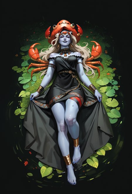 score_9, score_8_up, score_7_up, score_6_up, score_5_up, full body, Alecto as a beautiful woman, headCrab hat on her head, (Crab on head), dress, jewellery baggy clothes trending fantasy dress large bandage and a veil-lantern laying illuminates in a gothic dress with ribbons, (blue skin:1.2), 
<lora:Alectoha:0.85>, <lora:HeadCrab:0.25>