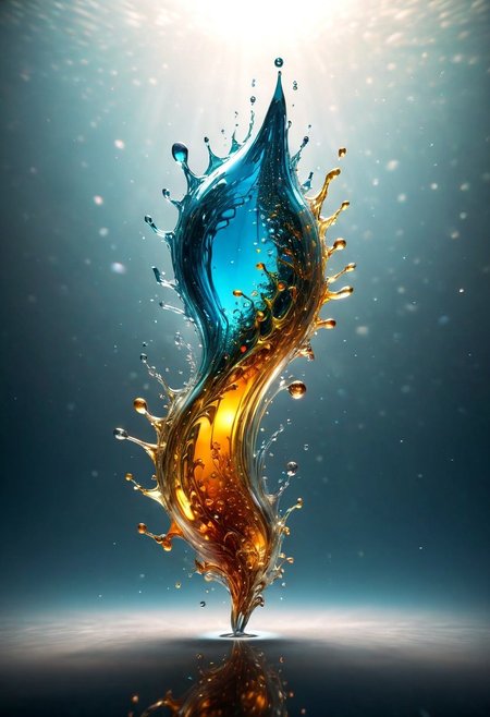 An abstract shape, amazingly fluid, made of glass, detailed, 3d fractals, light particles, water drops, shimmering light, surreal, ink, smooth, shimmering, glow, cinematice contrast, Glow, 
16k