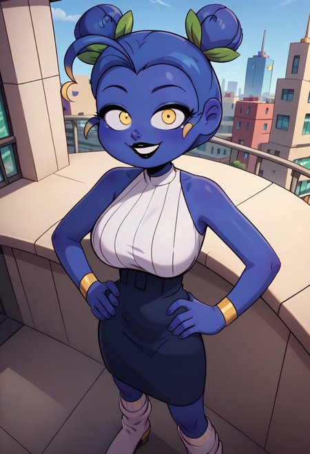 ((city background)),score_9, score_8_up, score_7_up,score_6_up, 
1girl, Solo, Zulmi_MT, blue skin, two high buns, green leaf hair accessory, blue hair, yellow eyes, black eyeshadow, black lipstick, white sleeveless blouse, dark blue skirt with blueberry patch, golden bracelets, long white socks, lavender slouchy boots, big eyes, tall stature, social smile, perfect eyes, perfect smile, looking at the viewer, big breasts, detailed eyes, perfect eyes, cute, standing, 5 fingers, perfect hands, (hands on hips) (high-angle view:1.3, front view)