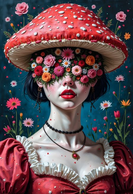 cinna flow, mosaic of a close-up of the upper body of a white mushroom-headed short-haired gothic vampire bubblegum princess, beautiful neck and collarbone, tudor royalty, her face is replaced by flowers of various colors, beauty and horror, in neon colors, Paul Klee, Howard Finster, hyperrealistic