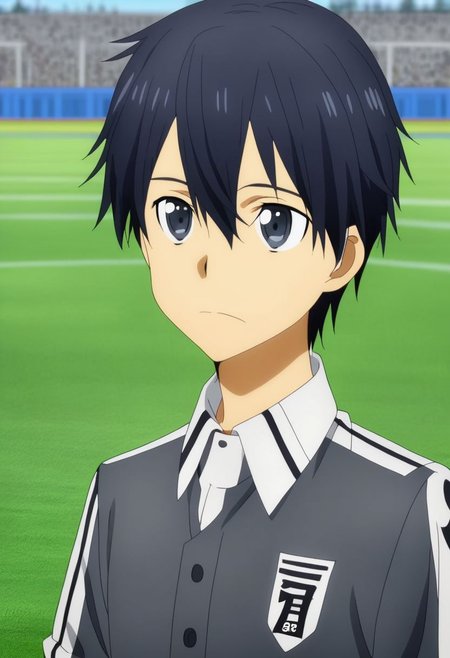 high resolution, professional photography, solo, best quality, 1Boy, Kazuto Kirigaya, Black Hair, Black Eyes, Soccer Boy, soccer player, field, potrait, depth of field, happy, tired, celebration, OverallDetail