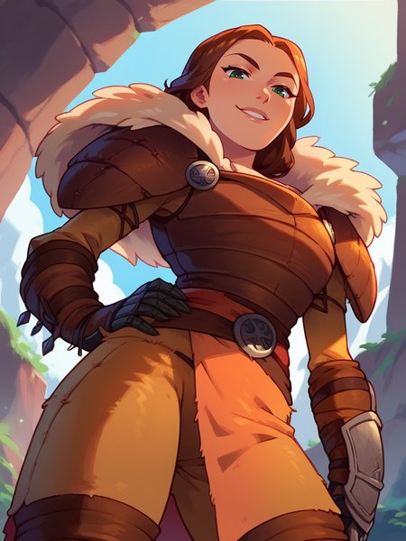 score_9, score_8_up, score_7_up, 1girl, dynamic pose, cowboy shot, looking at viewer, sexy pose, sexually suggestive, naughty face, dutch angle, valley, vegetation, hand on hips, from below, 
 <lora:AValka_character:0.8>, ValkaXL, brown hair, green eyes, armor, shoulder armor, pauldrons, fur trim, gauntlets, cartoon, <lora:KajinmanLycoXL:0.7>,
