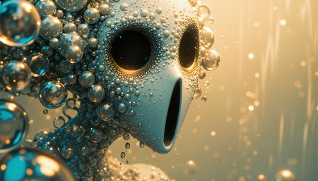 Hyperrealistic macro photography of condensation on glass, capturing an ethereal face-like formation in bubbles, shot with precise focus and shallow depth of field. The main bubble cluster creates distinct facial features - two hollow circular voids forming haunting eye sockets and an elongated opening suggesting a silent scream. Intricate details of water droplets cascade around the central formation, their surface tension creating prismatic light effects. The glass surface is heavily fogged with a fine mist of moisture, creating a dreamy, translucent canvas. Soft, diffused warm lighting filters through from behind, casting gentle shadows and highlighting the delicate water formations. The background dissolves into a creamy bokeh of warm yellows and beiges. Multiple smaller bubbles cluster around the main shape, adding dimensional depth and texture. The overall composition evokes the style of abstract portraiture mixed with scientific microscopy. Shot with professional macro lens at f/2.8, inspired by the ethereal quality of Gregory Crewdson's atmospheric lighting. The mood is simultaneously beautiful and unsettling, with the ghostly face emerging from the natural phenomena of condensation.