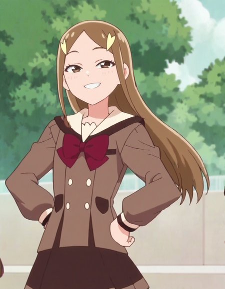 score_9, score_8_up, score_7_up, anime screencap, solo,1girl,kitzunezaki,  smile,brown school uniform, skirt, hair ornament, cowboy shot <lora:kitsunezaki:0.8>