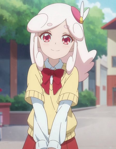 score_9, score_8_up, score_7_up, anime screencap, solo,1girl,kaguyahp, red skirt, yellow sweater,white sleeves,hair ornament,  bow, school uniform,looking at viewer,cowboy shot,small breasts,smile,blush<lora:kaguyahp_pony:0.8>