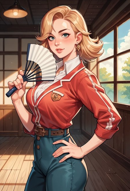 score_9, score_7_up, masterpiece, detailed quality, 1girl, solo, detailed background, score_9, source_anime, score_8_up, score_7_up, large breasts, , 2d, looking at viewer, Kitty Cartwright, dojo, holding fan,fluffyworld,