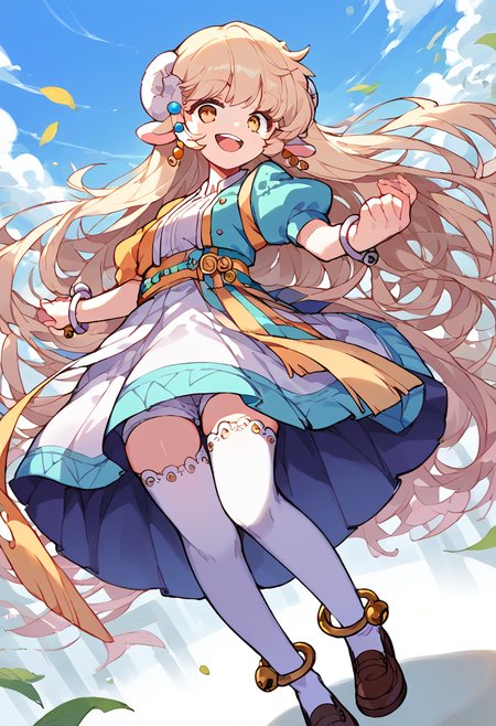 score_9,score_8_up,score_7_up,source_anime,zPDXL3,grasslands,
*//*,<lora:Lara_v1.2:1.0>,1girl,lara,blonde hair,long hair,white horns,yellow eyes,sheep ears,white thighhighs,puffy short sleeves,brown shoes,earrings,anklet,bell,smile,open mouth,
*//*,looking at viewer,cowboy shot,dutch angle,dynamic pose,