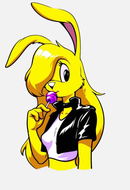 score_9, score_8_up, score_7_up, score_6_up, score_5_up, score_4_up, retro artstyle, BREAK 
LoriJackRabbitPXL, rabbit girl, long blonde hair, yellow fur,candy, food, animal ears, 1girl, solo, lollipop, rabbit ears, blonde hair,black eyes, hair over one eye, long hair, furry, holding candy, holding, choker, animal nose, simple background, holding lollipop, upper body, furry female, holding food, crop top, white background, yellow skin, short sleeves, looking at viewer, black jacket, closed mouth, shirt, black choker, jacket, cropped jacket, yellow fur, small breasts, midriff, rabbit girl, body fur, breasts
<lora:lorijackrabbit-v1:0.9>