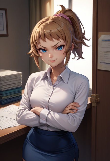 score_9, score_8_up, score_7_up, source_anime, 1girl, gundamhoshino, smug, looking at viewer, crossed arms, ponytail, scrunchie, white shirt, collared shirt, long sleeves, pencil skirt, indoors, office <lora:gundam_fuminahoshino_ponyXL:1>