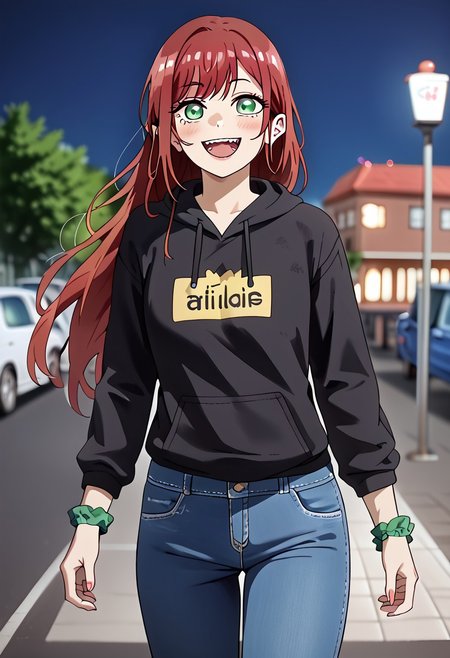 score_9, score_8_up, score_7_up, perfect eyes, partially illuminated, animification, animestyle, Anime_source, (4k), depth of field, (Masterpiece), extremely detailed, tall, long legs, medium breast, bokeh, high resolution, sharp detail, dark red hairs, redhair, dark red hair, <lora:Sono Bisque Doll wa Koi wo Suru - Marin Kitagawa Updated:0.7>, 1girl, fangs, green eyes, hair ornament, hair scrunchie, light blush, long hair, open mouth, smiling, pointy ears, scrunchie, happy, good hands, jeans shorts, leggings, opened black hoodie, baseball hat, top, every day clothing, Adidas Adilette sandals, beautiful feet, perfect feet, perfect toes, beautiful toes, night city background, ((masterpiece)), dynamic pose, (standing), night city, Tokyo city night, city night, BREAK, cowboy shot, dutch angle, looking at viewer, full body, feet,
<lora:add-detail-xl:-1><lora:minami-nanami-s1-ponyxl-lora-nochekaiser:0.8>