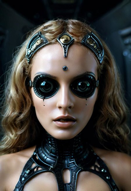 Stylized By HR Giger: Closeup Portrait, Hyperdetailed awesome Sci-fi Versace Advertisement, dark retro beautiful busty Female Borg, pureerosface_v1 blushed Smile from below, thin face, blushed, Freckles, on the Enterprise in bedroom, very detailed, HD photorealistic, hyper realistic, masterpiece, Explore the somber tones and bleak atmosphere in your depiction, a slender, busty and shy woman in her twenties, living in a picturesque village. Focus on her tousled dark updo, revealing the graceful curve of her neck, Cat like natural eyes framed by freckles. Emphasize her quiet smiling and unassuming nature as she navigates the village with a sense of timidity. Dress her in earthy tones that complement her connection to the natural world.