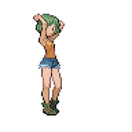 1girl, 
green hair, short hair, arms over head, tank top, denim shorts