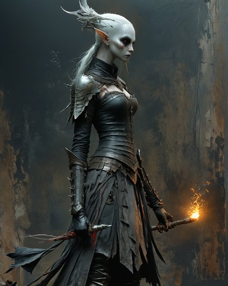 armed and armored drow elf casting a spell, full body shot viewed from the side  <lora:NicolaSamori:0.8> in the style of Nicola Samori, <lora:XSfenlie:1> fenliexl, <lora:xl_more_art-full_v1:0.7>, <lora:add-detail-xl:0.5>
