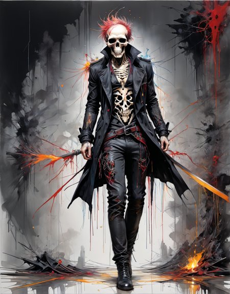 <lora:CarnegriffithsXL:1>,crgf,leaning forward,full body,peignoir,split-color hair,epic,long black trench coat, skull-print t-shirt, leather pants, and lace-up boots,candle light,8k,messy,abstract,awardwinning,trending on artstation,aleksi briclot and ryan hewett
