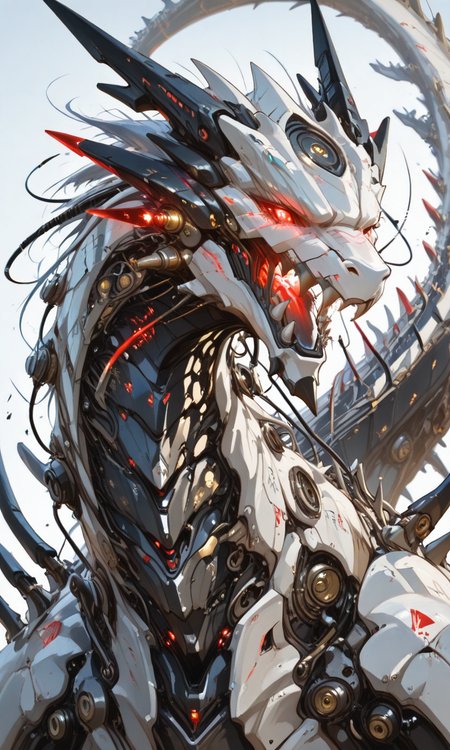 digital artwork that appears to be a concept art piece. It showcases a detailed robotic or cybernetic dragon with glowing red eyes sharp and intricate mechanical components, <lora:- iLL - the_edgy_mech_V2.0-step000013500:.8>,  <lora:Combat atmosphere-XLlokr:0.8>