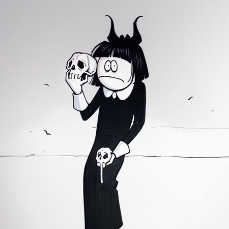 score_9, score_8_up, score_7_up BREAK CrepSuOri, 1girl, black hair, black bob cut, blunt bangs, black eyes, pale skin, white-collared long black dress, long white cuffs, cowboy shot, holding skull, looking at viewer,