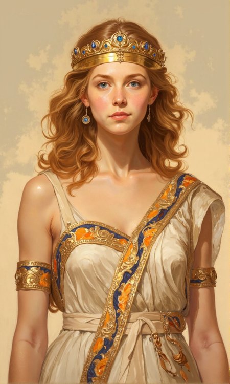 Full shot of a woman, likely a digital painting or illustration, styled as an ancient queen or goddess. 
She has shoulder-length, rich golden-blonde wavy hair.  A golden crown, adorned with blue gemstones, rests atop her head. 
Her facial features are delicate and symmetrical, with light-colored skin, striking blue eyes, and full, rosy-colored lips.  Her expression is serene and composed. 
She is wearing a flowing, off-white robe or toga-style garment with a decorative border. The border features bands of orange-yellow and navy blue, with intricate, stylized patterns interspersed.  
The lighting in the image is soft and warm, casting gentle shadows and highlighting the woman's form and the details of her attire. The background is a muted, light beige color., <lora:FLUX-daubrez-DB4RZ-v2:0.9> DB4RZ, DB4RZ style painting, <lora:ImpurePores:0.85> xlr_skin,