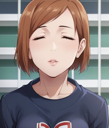 score_9, 1girl,solo,   <lora:Nobara_Pony:0.6> nk, brown hair, brown eyes, short hair, <lora:Incom_Pony-step00001600:0.6> incom, closed eyes, facing viewer, parted lips,cowboy shot,face focus,from above,