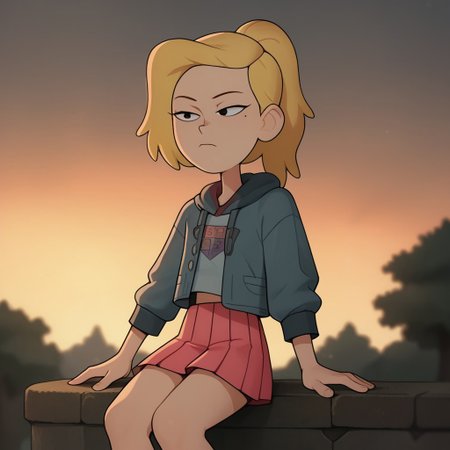 score_9, score_8_up, score_7_up, Loodncrood, 1girl, sasha waybright, blonde hair, ponytail, black eyes, mole under eye, grey hoodie, blue shirt, logo on shirt, pink skirt, pleated skirt, denim jacket, sunset, sitting on a cliff edge, trees
