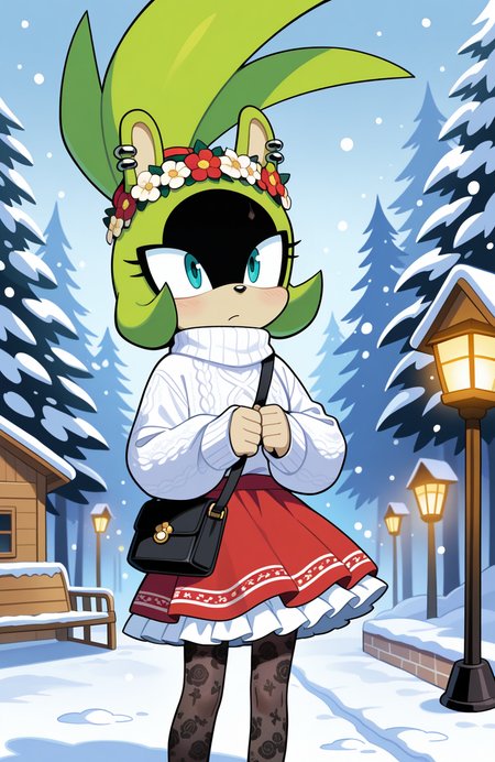 1girl, solo, no humans,  <lora:Surge-the-Tenrec_v41:1> surge the tenrec, black face, aqua eyes, piercing, earrings, topknot,
mori girl, oversized sweater, frilled skirt, lace pantyhose, satchel, flower crown,
(medium shot), enjoying a winter festival, detailed face, located in a winter scene at a wintry snowy meadow during afternoon with windy weather, illuminated by warm cabin light, creating a joyful,nostalgic atmosphere, extremely detailed, highres, masterpiece, best quality