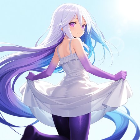 <lora:Gele_03_1_nai:1>,Gele,monster girl,purple eyes,white hair,blue hair,purple hair,multicolored hair,very long hair,
white dress,sundress,
1girl,solo,smile,looking at viewer,looking back,skirt lift,from behind,depth of field,lens_flare,simple background,day,standing on one leg,