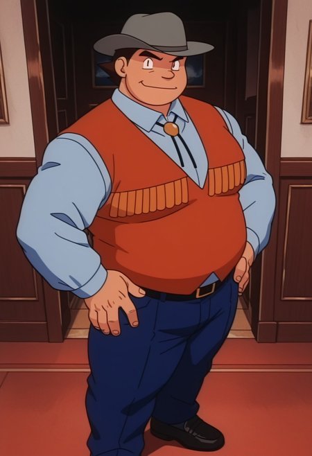 1boy, male focus, chubby, solo, bara, muscular, plump, chubby, big pecs, broad shoulders, detailed background, perfect anatomy, masterpiece, perfect quality, best quality, detailed, newest, very aesthetic, five fingers, MrParker, brown hair, grey hat, orange vest, bolo tie, collared shirt, blue pants, black loafers, gligarman, looking at viewer, daddy seductive smirk