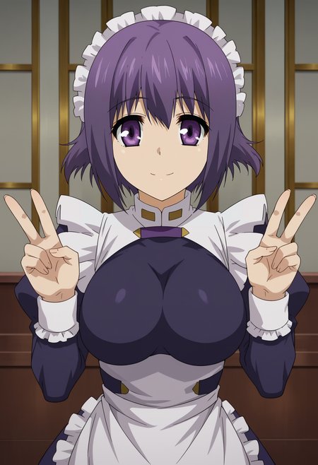 <lora:Cosette_Shelley-Dragonar_Academy:0.8>,1girl,solo,Cosette Shelley,short hair,purple hair,purple eyes,large breasts,,maid,maid headdress,apron,long sleeves,looking at viewer, double v, smile,indoors